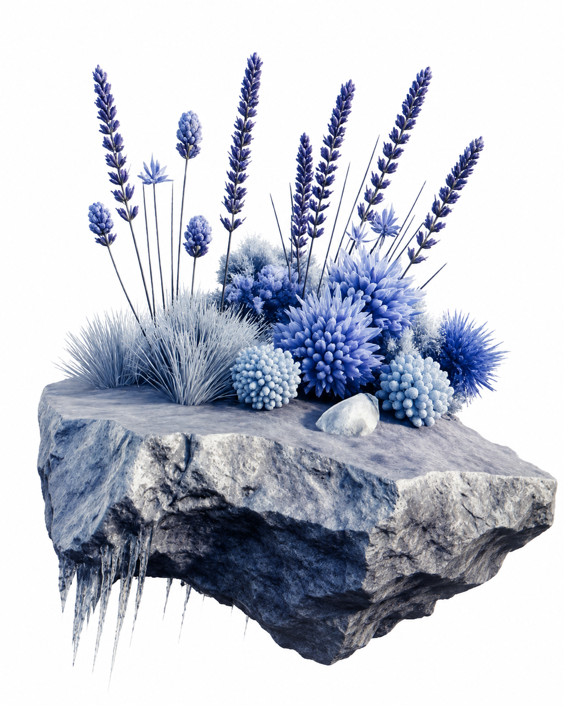 Floating rock island with blue lavender and coral-like blooms