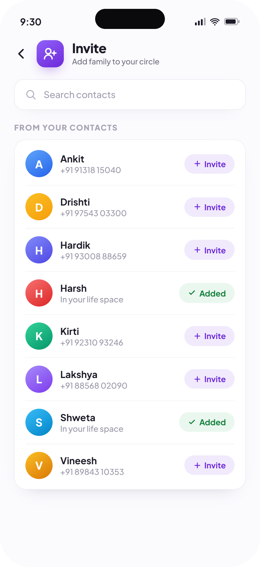 Invite contacts screen