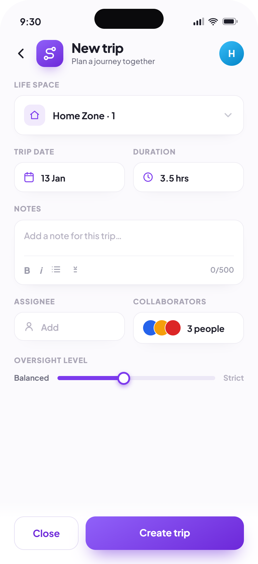 Create a trip screen