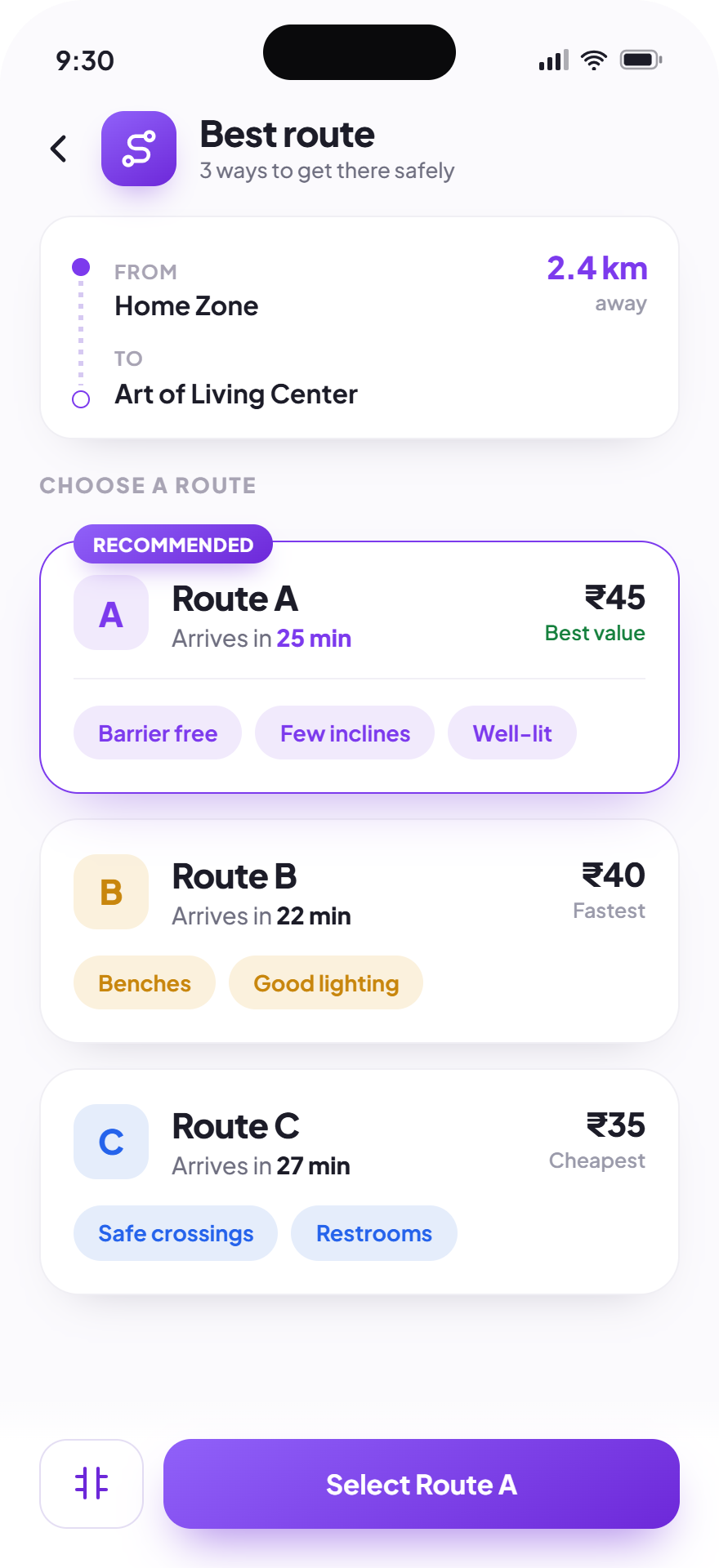 Choose the best route screen